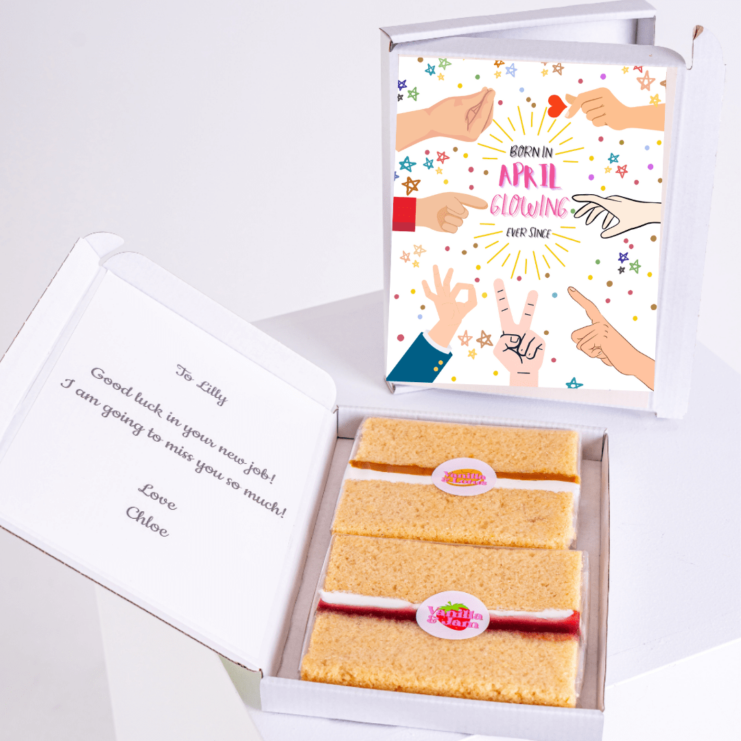 April birthday cake gift box with colourful hand illustrations, confetti stars and glowing birthday typography