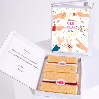 April birthday cake gift box with colourful hand illustrations, confetti stars and glowing birthday typography