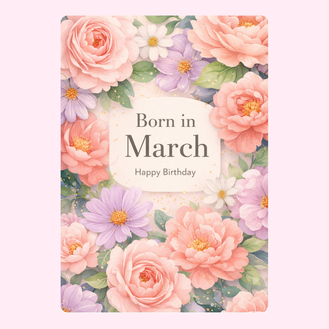 Elegant Born in March happy birthday edible greeting card with pink roses and pastel floral design
