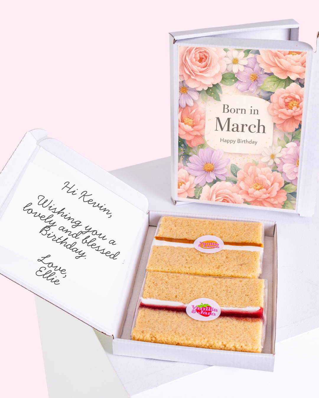 Born in March edible birthday cake gift with floral greeting card, personalised message and vanilla sponge cake slices