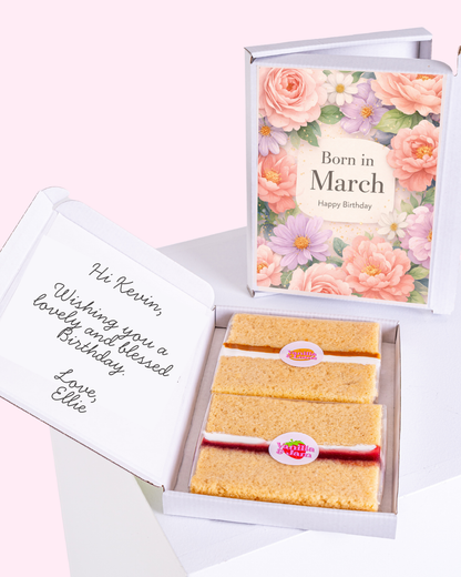 Born in March edible birthday cake gift with floral greeting card, personalised message and vanilla sponge cake slices