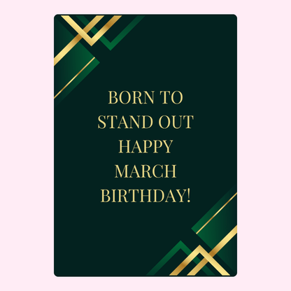 Elegant green and gold happy March birthday card with stylish geometric border artwork