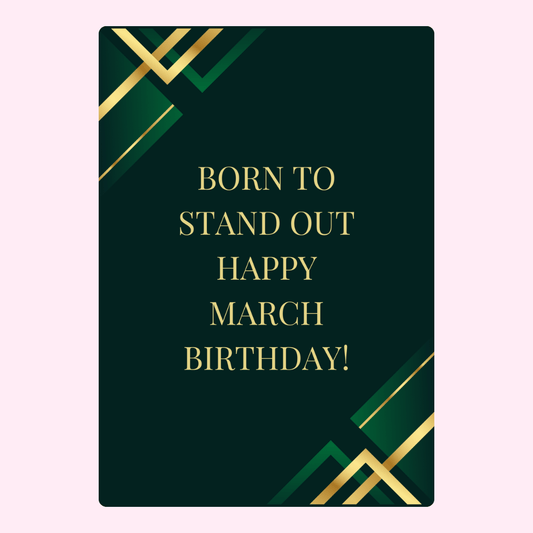 Elegant green and gold happy March birthday card with stylish geometric border artwork