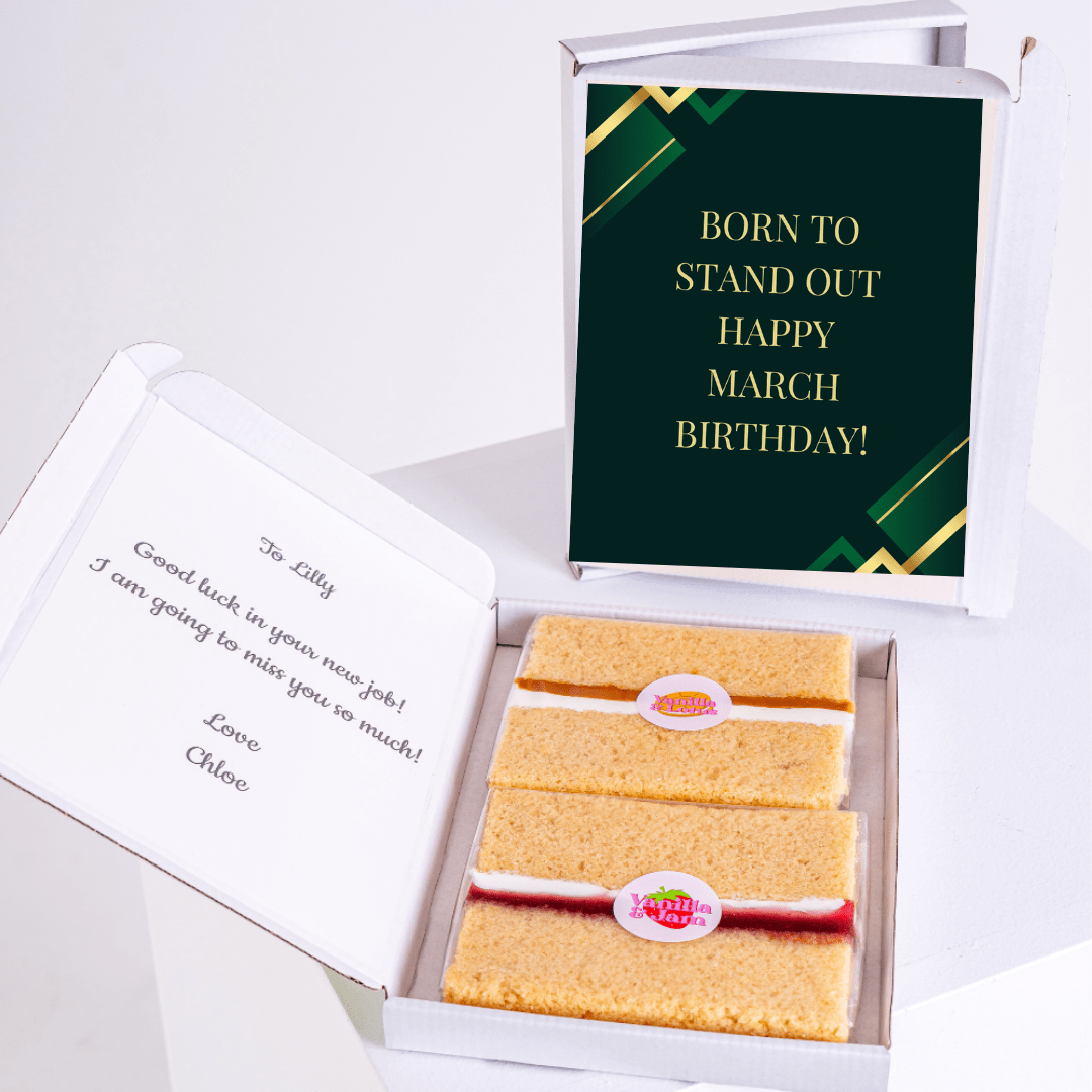 Luxury happy March birthday cake gift box with elegant green and gold birthday card design