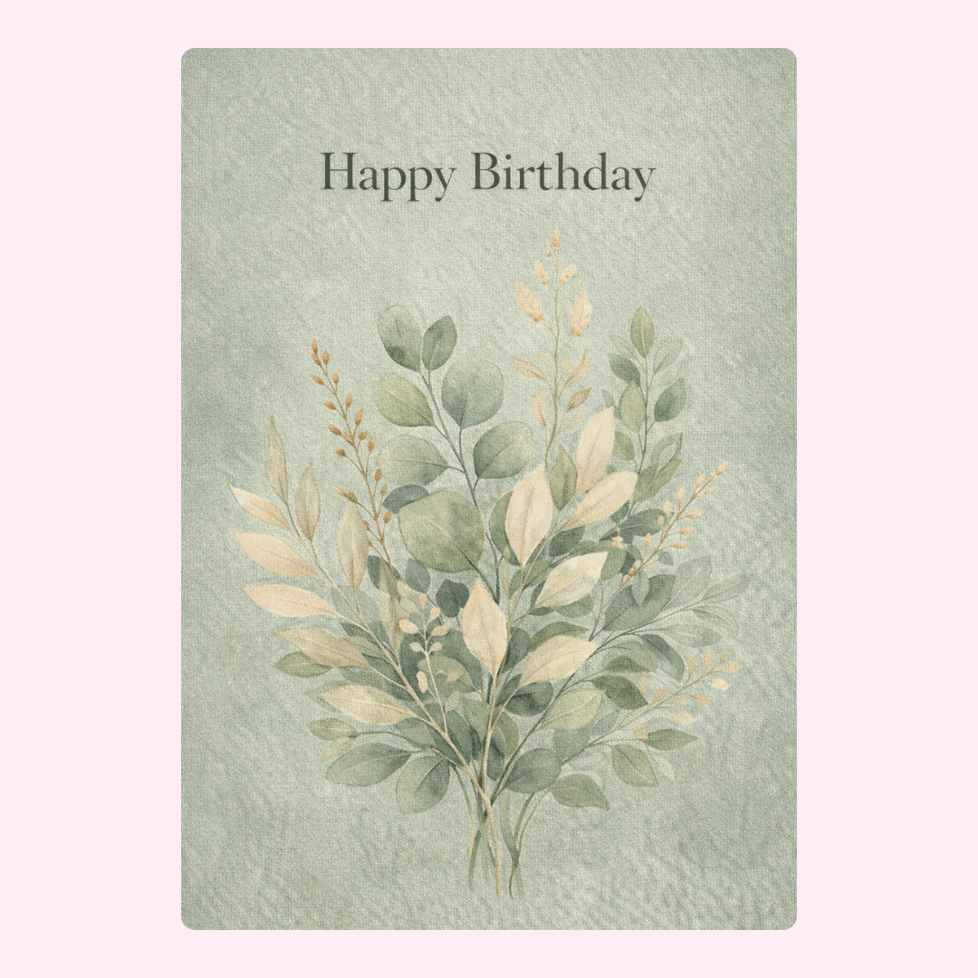 Happy birthday card with soft green botanical leaves