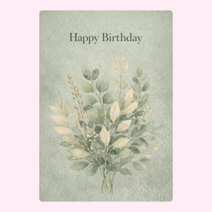 Happy birthday card with soft green botanical leaves