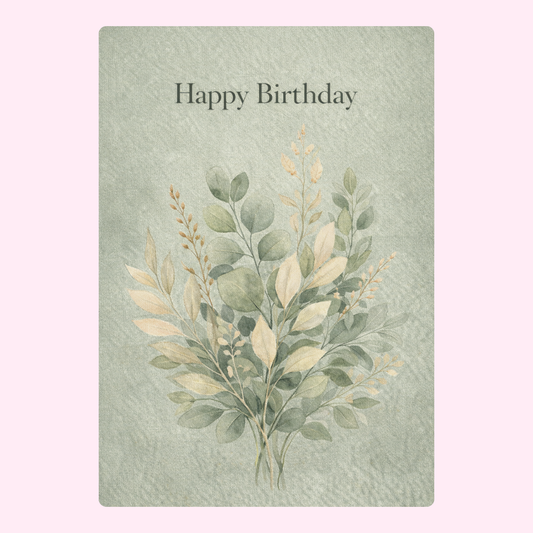 Happy birthday card with soft green botanical leaves