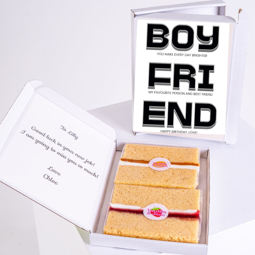Birthday cake gift box for boyfriend with bold typographic greeting card