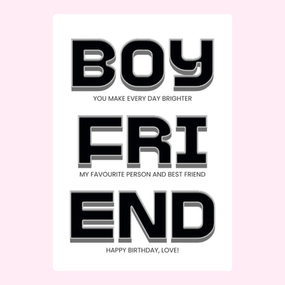 Modern boyfriend birthday card with bold black typography design