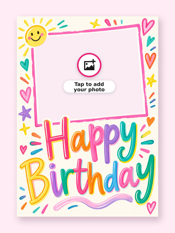 Bright and Happy Birthday Cake Card with a space for your own photo