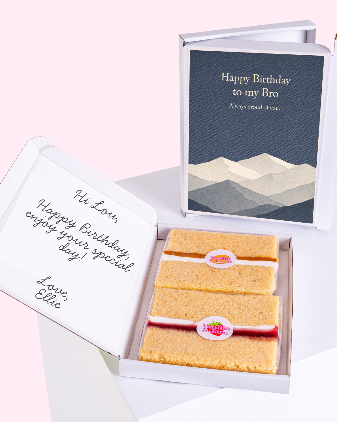 Birthday gift box for brother with cake slices and mountain card design