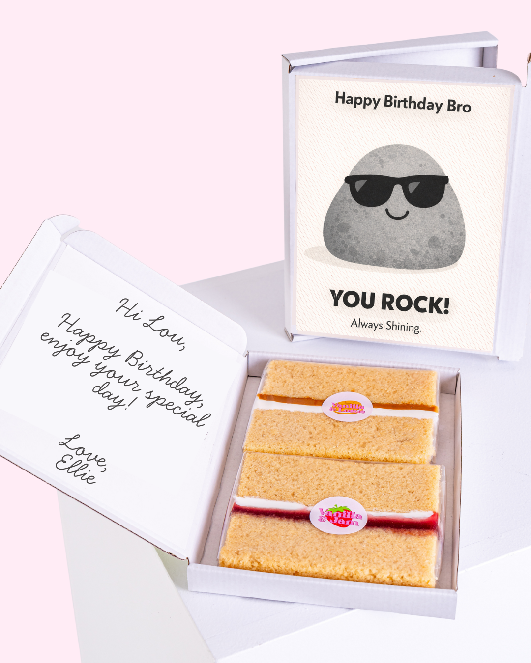 Birthday gift box for brother with cake slices and rock card