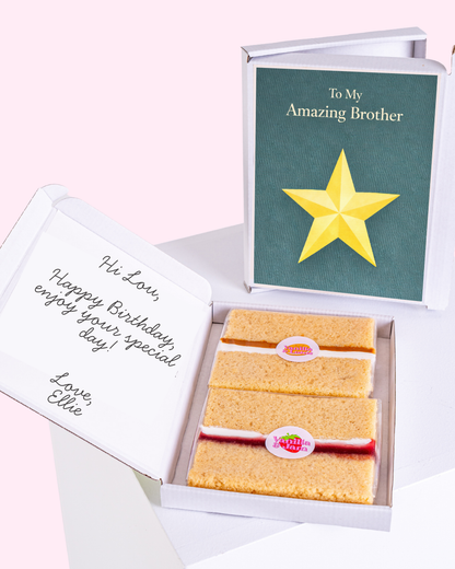 Birthday gift box for brother with cake slices and star card