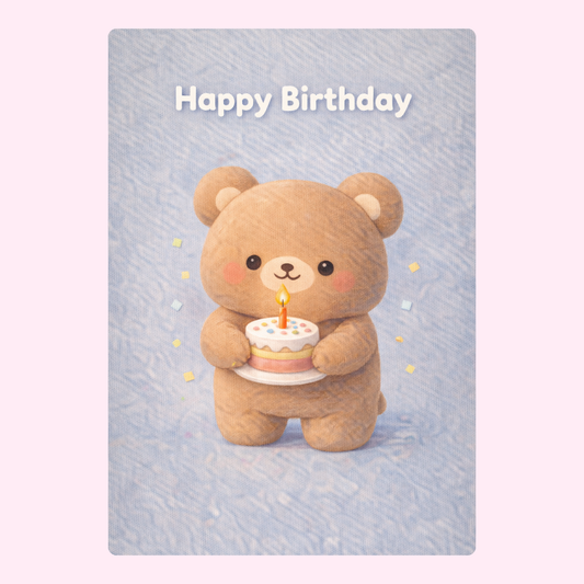 Happy birthday card with brown teddy bear holding cake