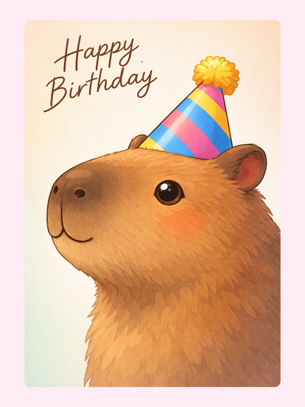 Capybara with a birthday hat and "Happy Birthday" text in a playful style.