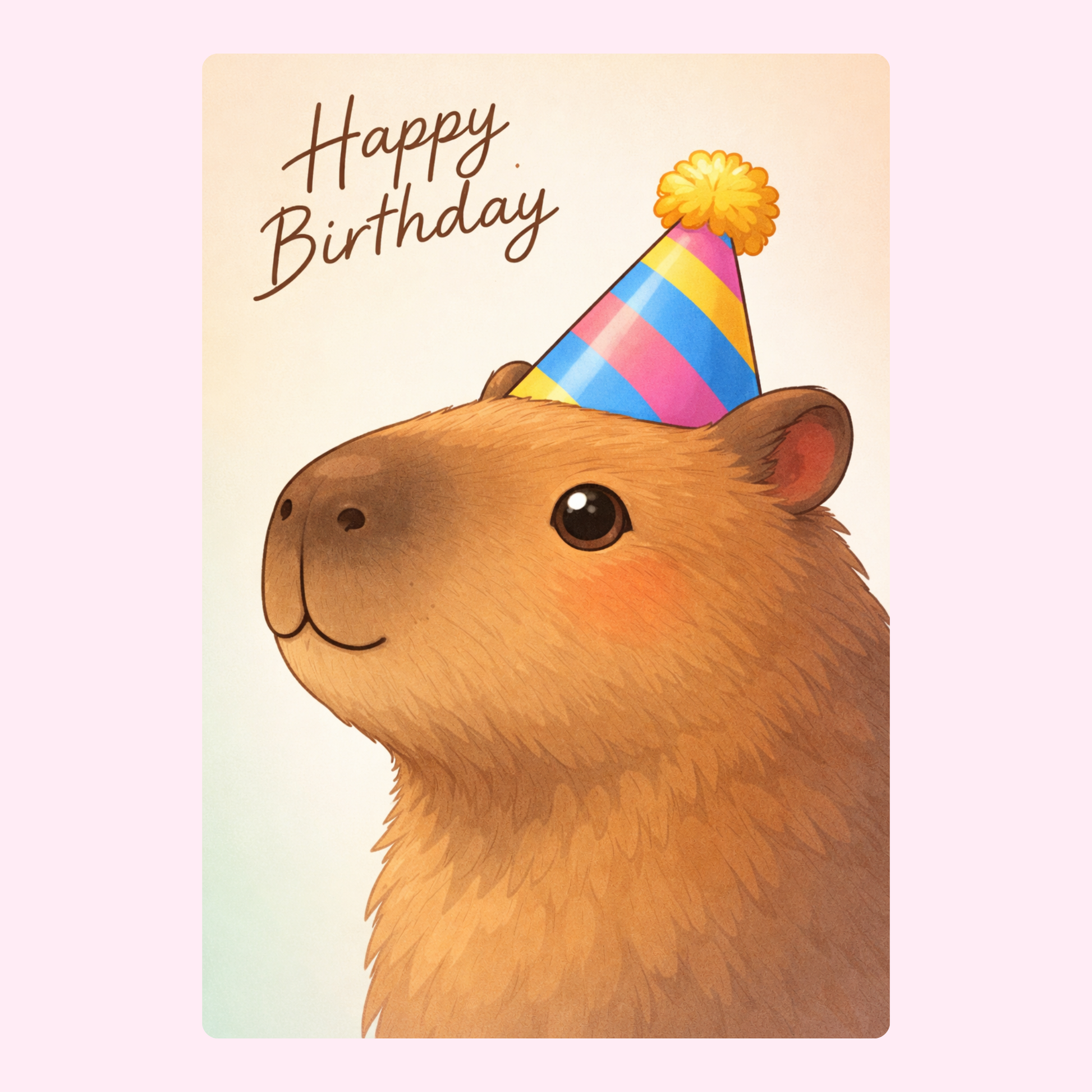 Capybara with a birthday hat and "Happy Birthday" text in a playful style.