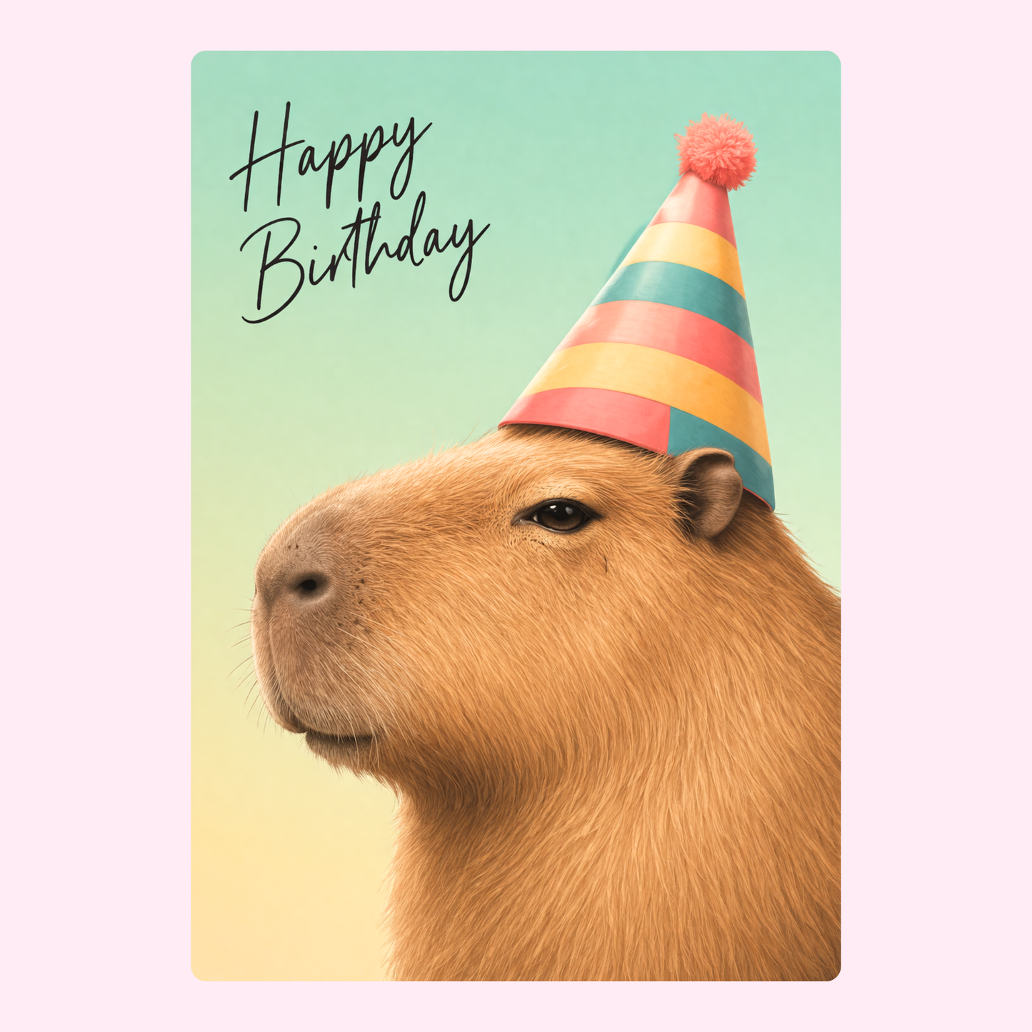 A cheerful capybara with a birthday hat and "Happy Birthday" text, with a colourful background.