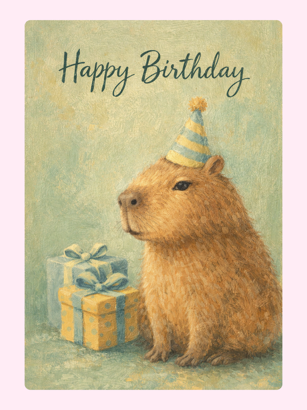 Capybara with a birthday hat and gifts, with "Happy Birthday" text in a charming design.