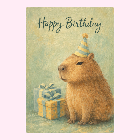 Capybara with a birthday hat and gifts, with "Happy Birthday" text in a charming design.
