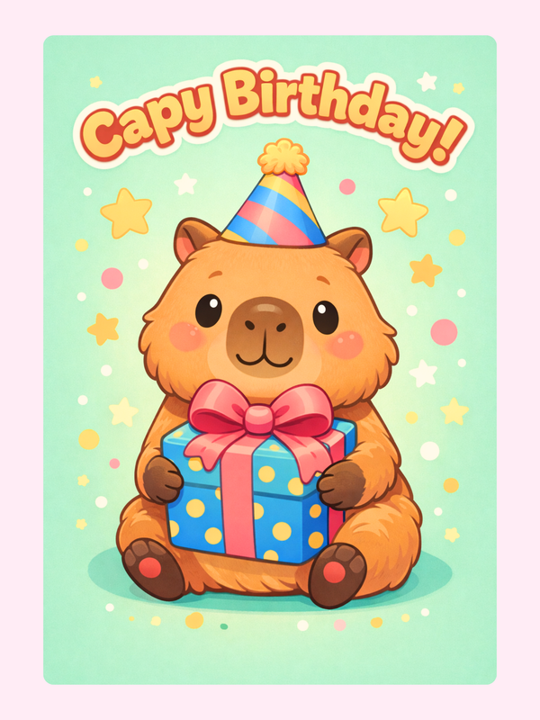 A cheerful capybara with a birthday hat, holding a gift box with stars and balloons in the background, and "Cappy Birthday!" text in a playful style.