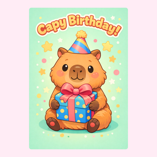 A cheerful capybara with a birthday hat, holding a gift box with stars and balloons in the background, and "Cappy Birthday!" text in a playful style.