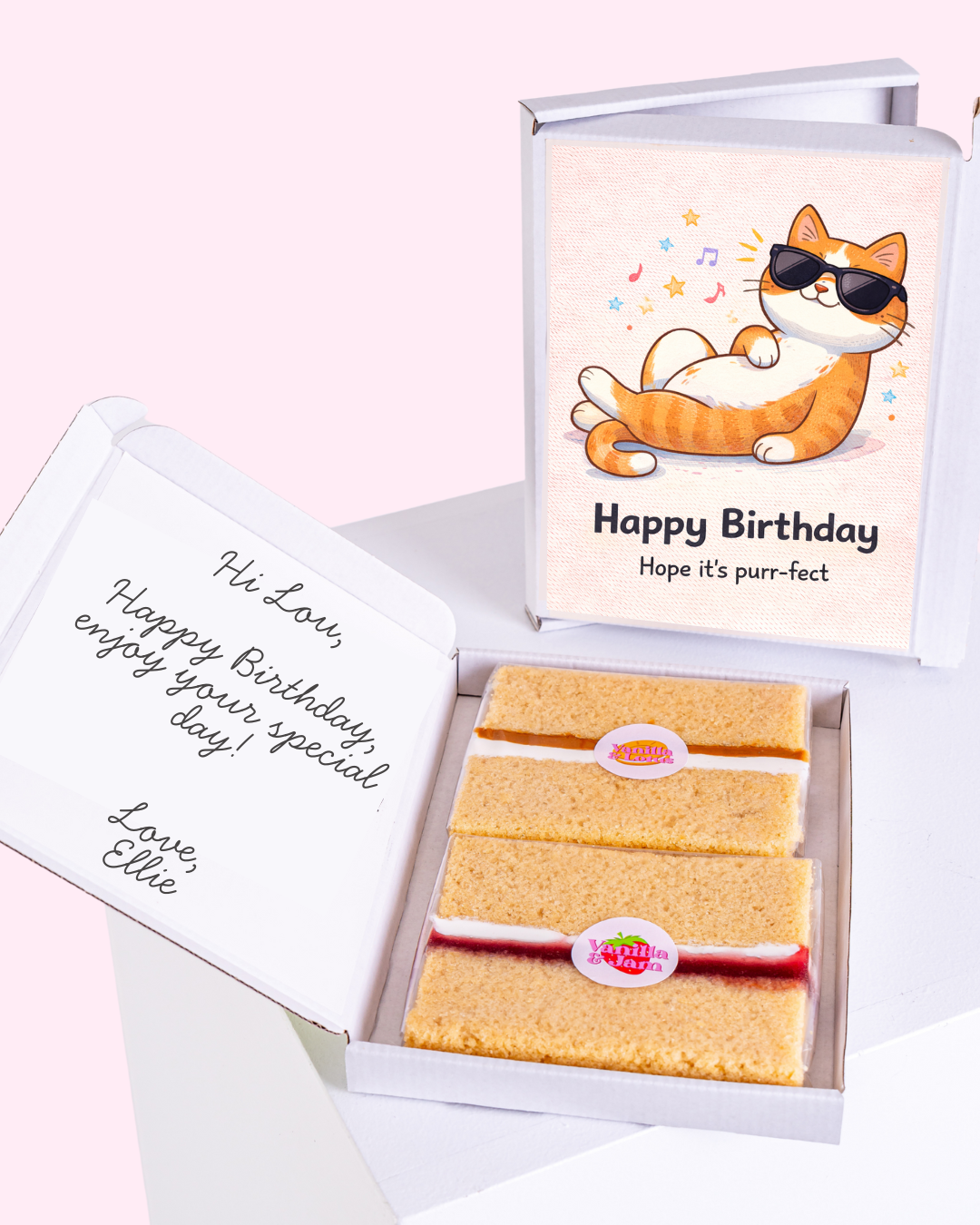 Birthday cake slice gift box with cool cat birthday card inside