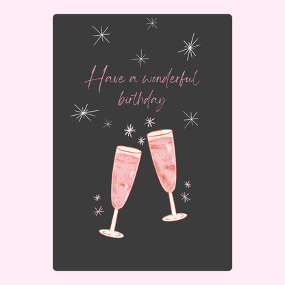 birthday card with champagne glasses and celebration theme