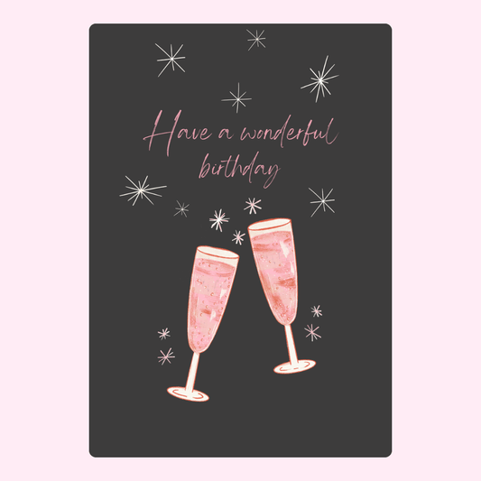 birthday card with champagne glasses and celebration theme