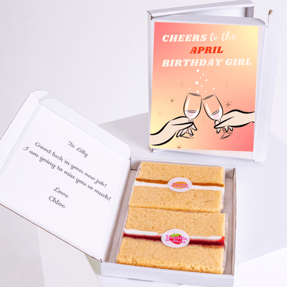 April birthday cake gift box featuring champagne glasses illustration with soft pastel gradient background and celebratory text