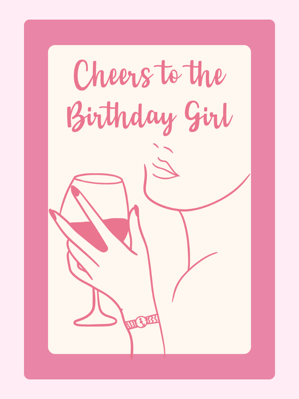 cheers birthday girl card with wine illustration