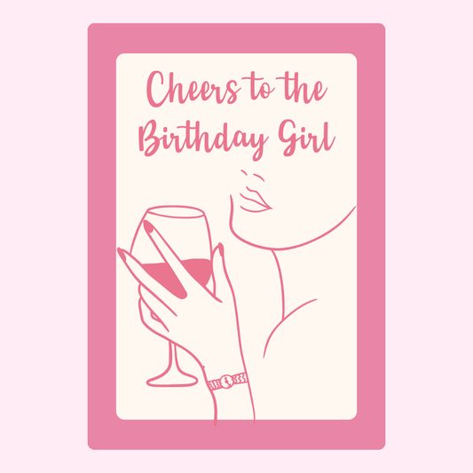 cheers birthday girl card with wine illustration