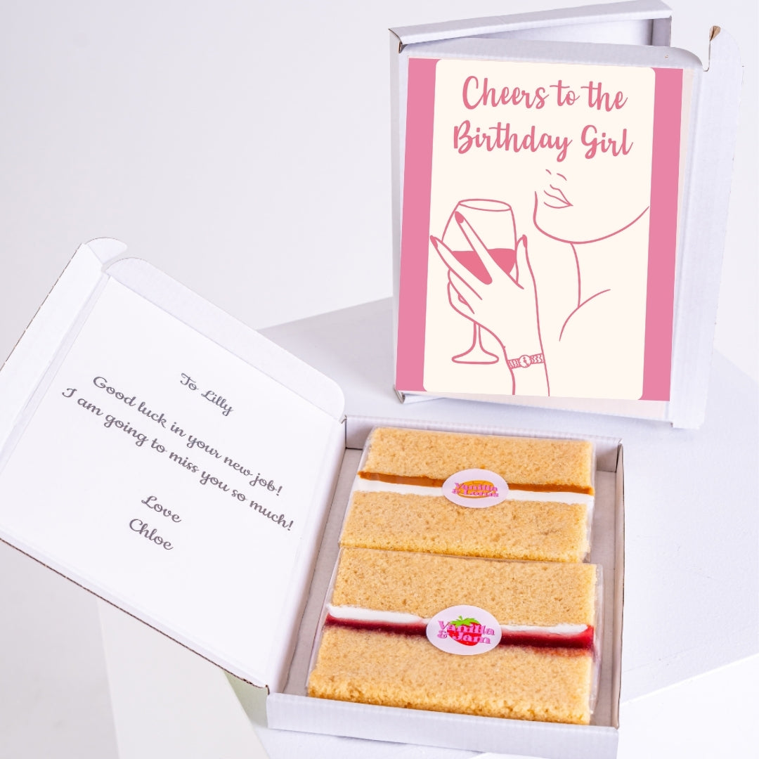 gift box letterbox cake with cheers birthday girl card