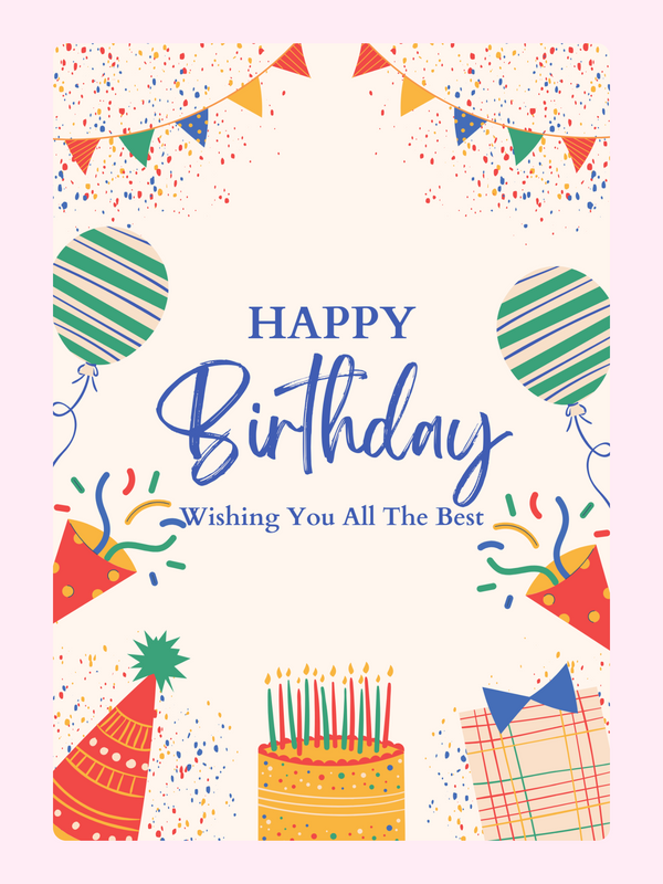 Colourful birthday card with balloons cake confetti