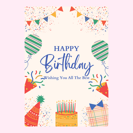 Colourful birthday card with balloons cake confetti