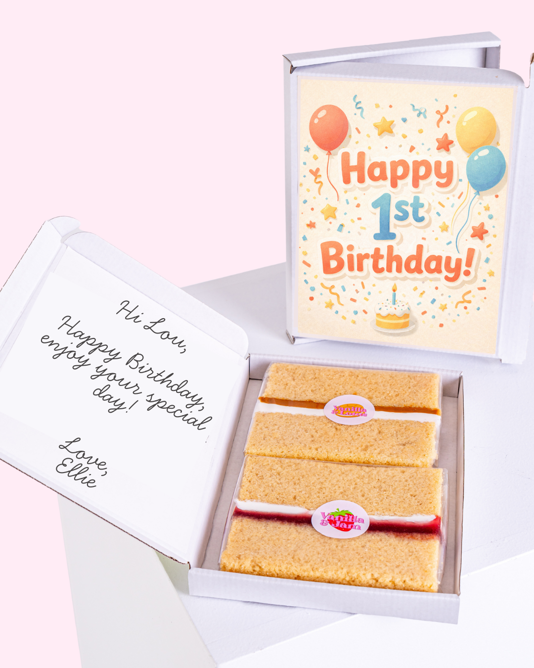 Personalised 1st birthday cake letterbox gift with colorful balloons card