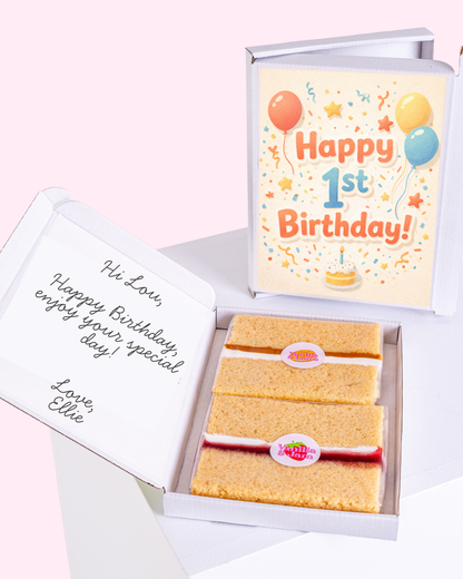 Personalised 1st birthday cake letterbox gift with colorful balloons card