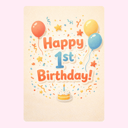 Colorful 1st birthday card with balloons confetti and cake design