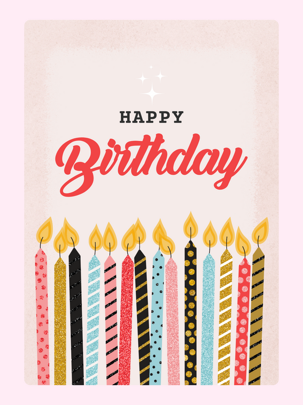 Birthday card with colorful lit candles and “Happy Birthday” text on a soft textured background