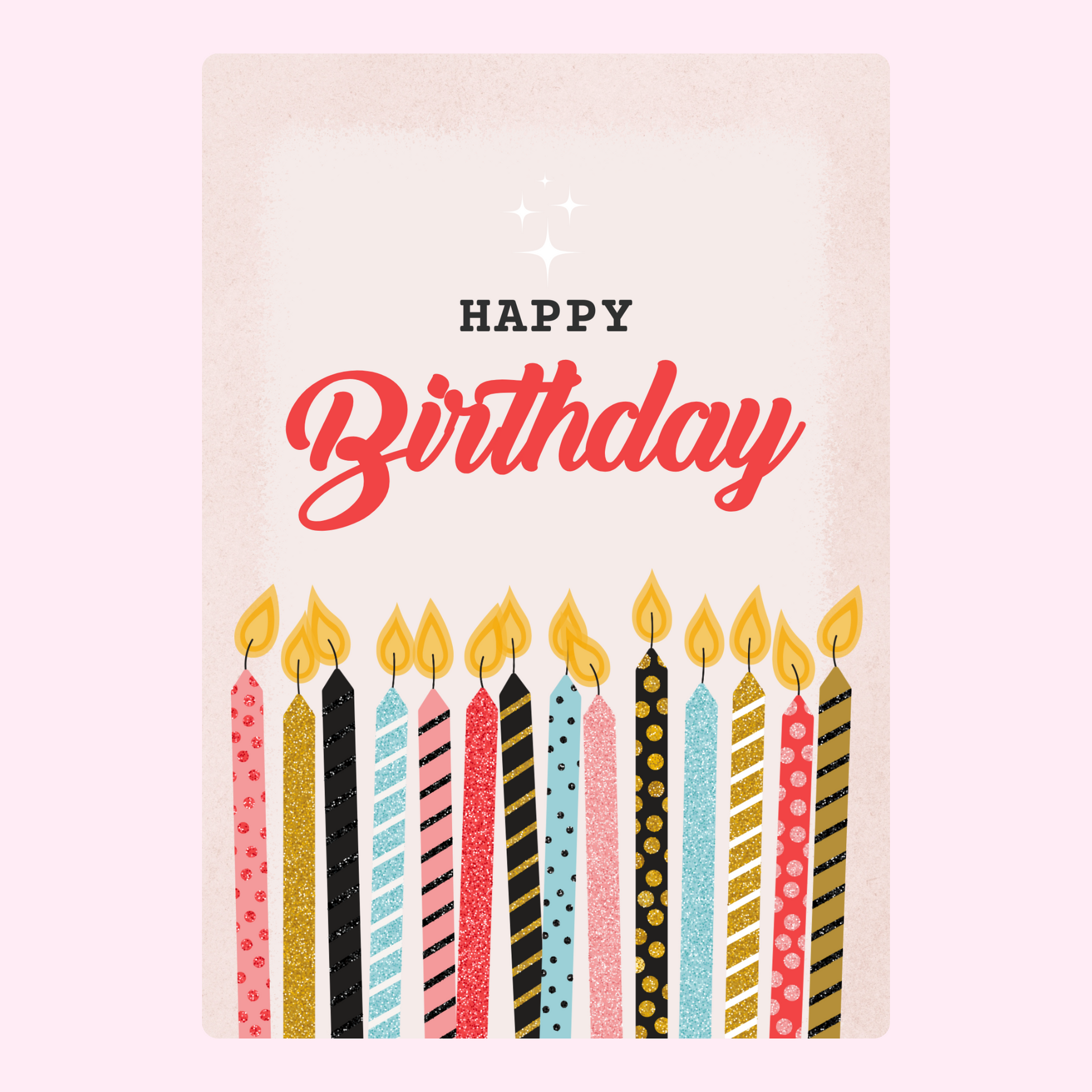 Birthday card with colorful lit candles and “Happy Birthday” text on a soft textured background