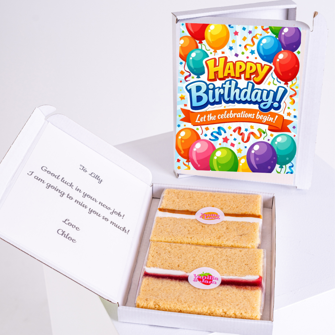 Colourful balloon birthday card with cake gift box