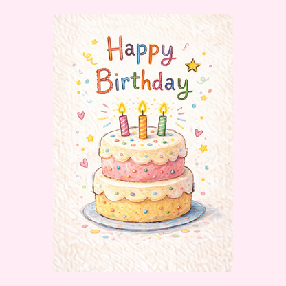 Happy birthday card with colourful birthday cake and candles