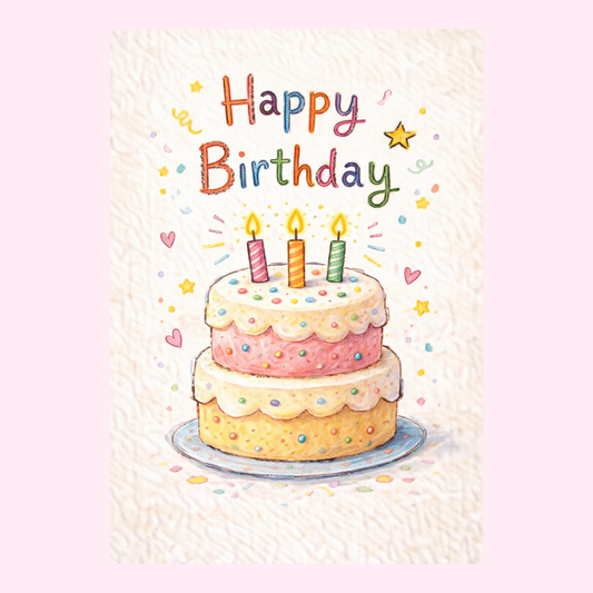 Happy birthday card with colourful birthday cake and candles
