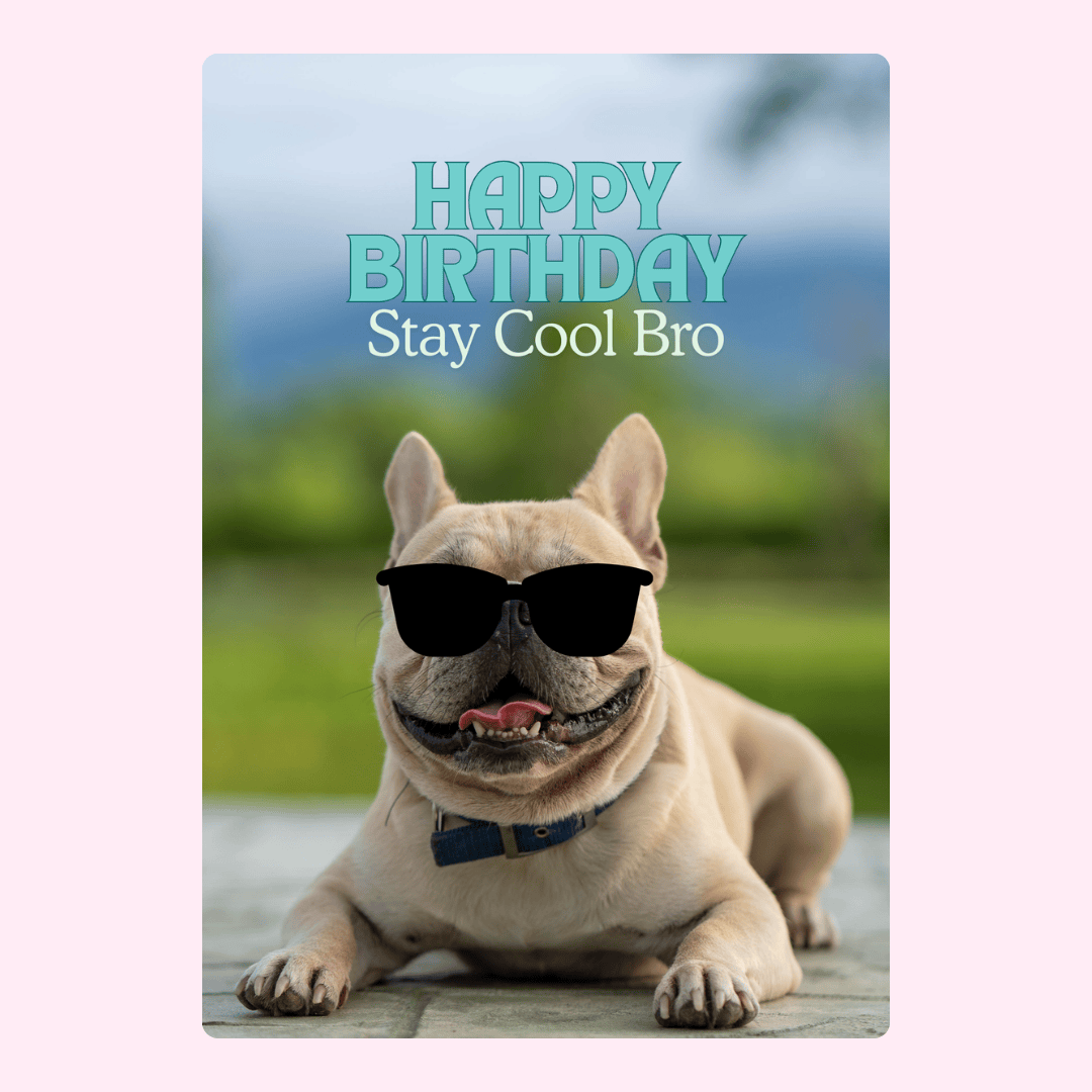 French bulldog wearing sunglasses on happy birthday card with Stay Cool Bro message