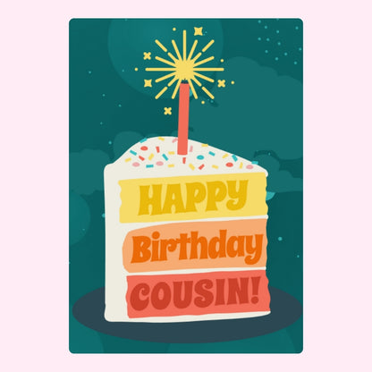 Happy Birthday Cousin edible cake card design with sparkler cake illustration