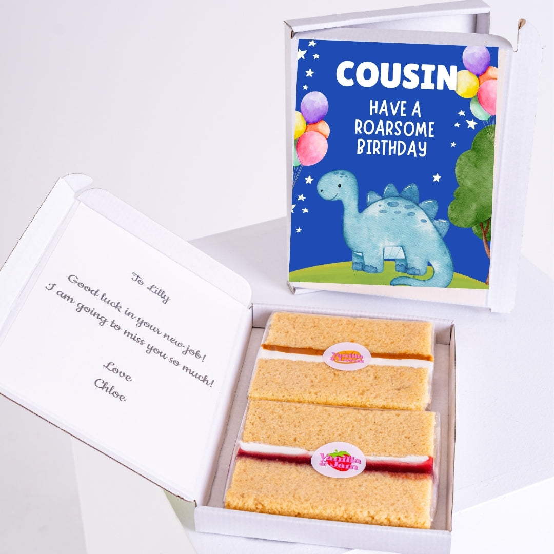 Cousin have a roar some birthday letterbox cake gift with cute dinosaur design