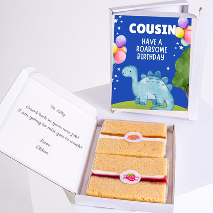 Cousin have a roar some birthday letterbox cake gift with cute dinosaur design