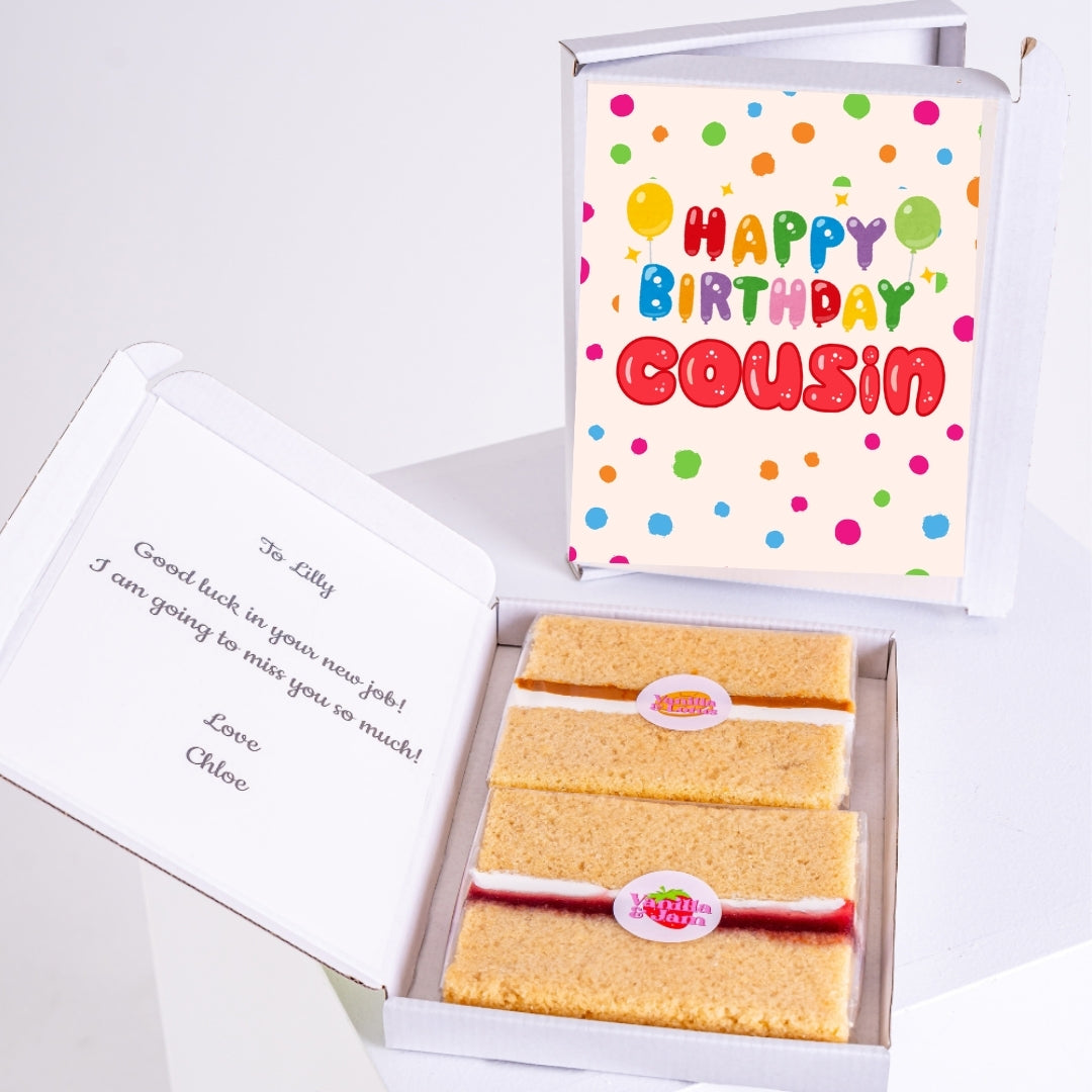 Happy Birthday Cousin edible cake card gift box with colorful balloon design