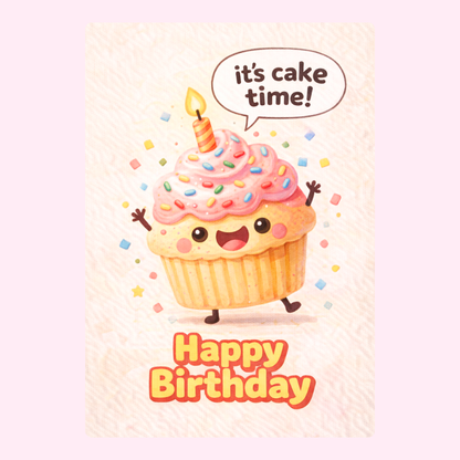 Happy birthday card with smiling cupcake illustration