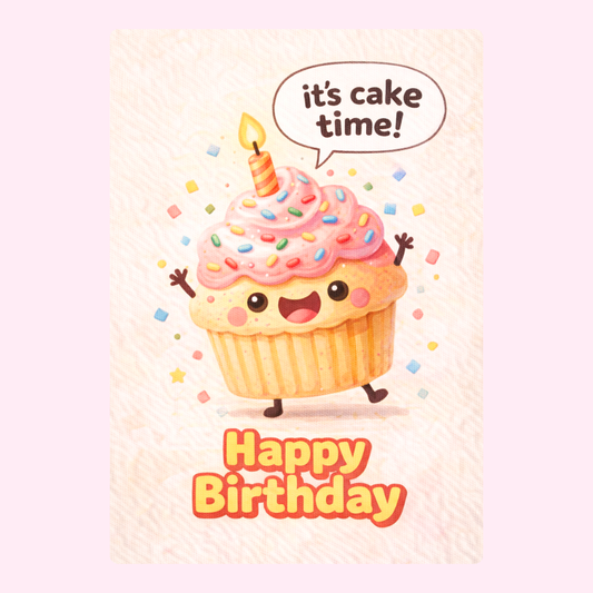 Happy birthday card with smiling cupcake illustration