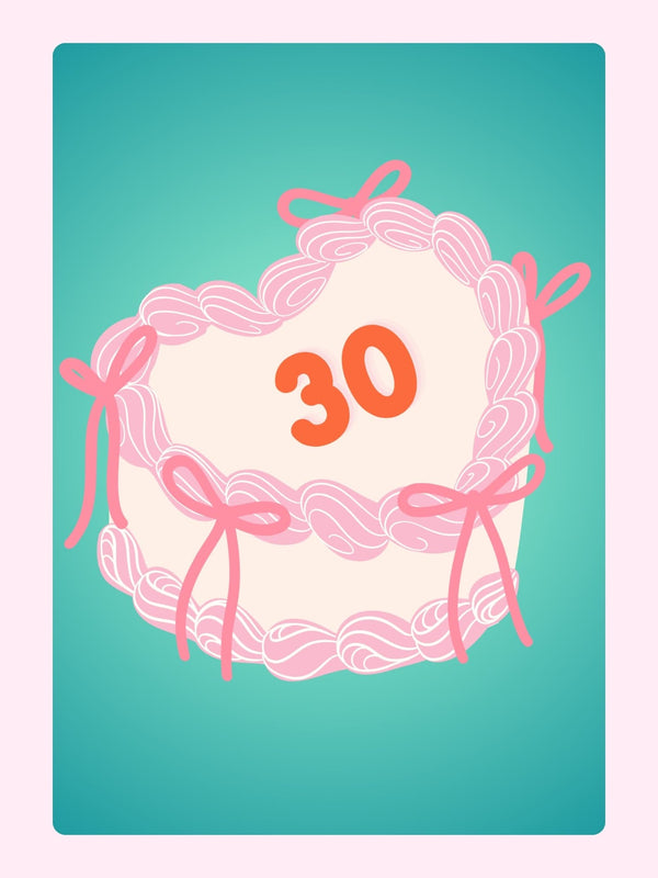 cute illustrated 30th birthday cake with pink icing and bows on teal background